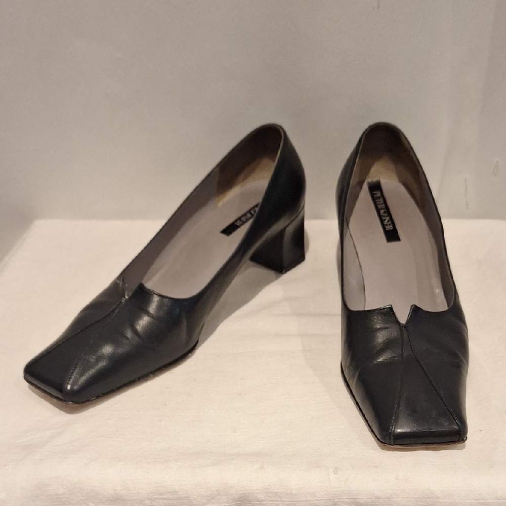 Peter Kaiser Black Block Heel Square Toe Leather Pumps